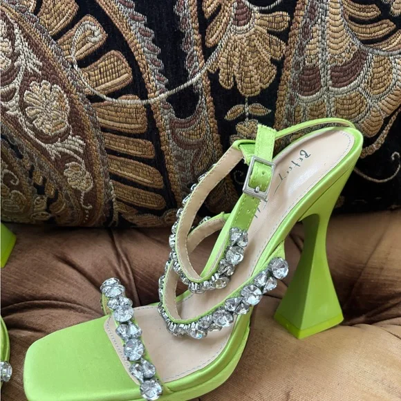 Bright Lime Crystal-Embellished High Heel Sandals by Betsey Johnson. - Picture 2 of 8